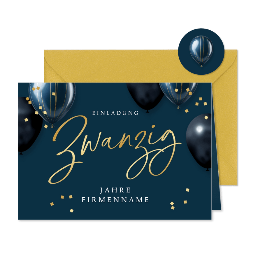 Einladungskarte Firmenjubiläum 20 Jahre blaue Luftballons - Karteneindruck