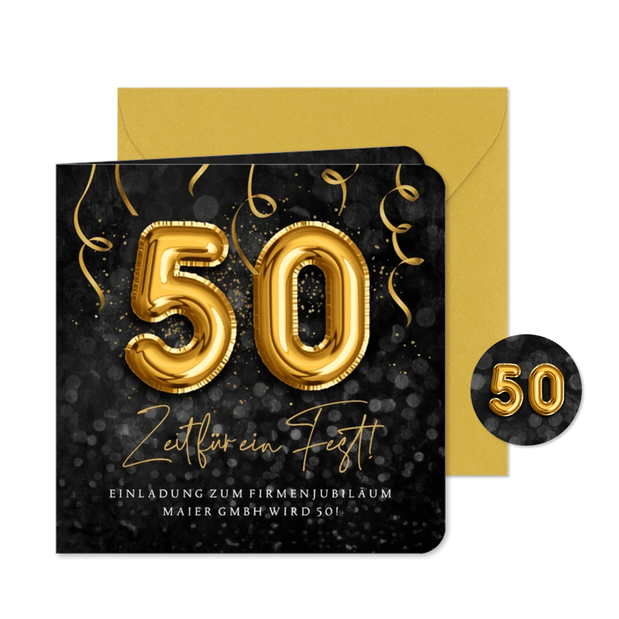 Einladungskarte Firmenjubiläum 50 Jahre Folienballons - Kartenvorschau