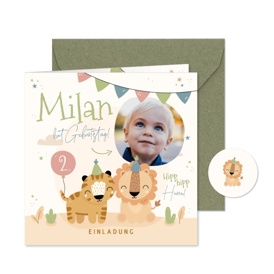 Einladungskarte Foto 2. Kindergeburtstag Löwe & Tiger - Karteneindruck
