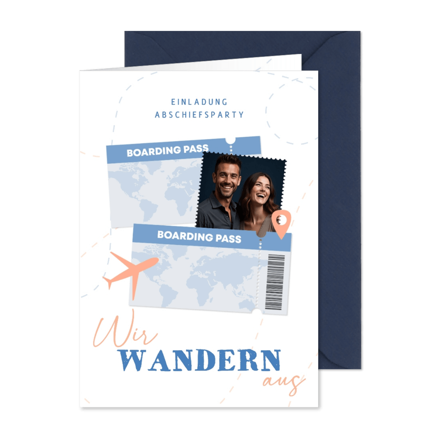 Einladungskarte Foto Abschiedsfeier Auswandern Tickets - Karteneindruck

