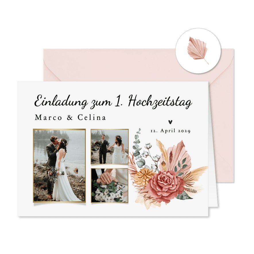 Einladungskarte Fotocollage 1. Hochzeitstag Blumengesteck - Karteneindruck