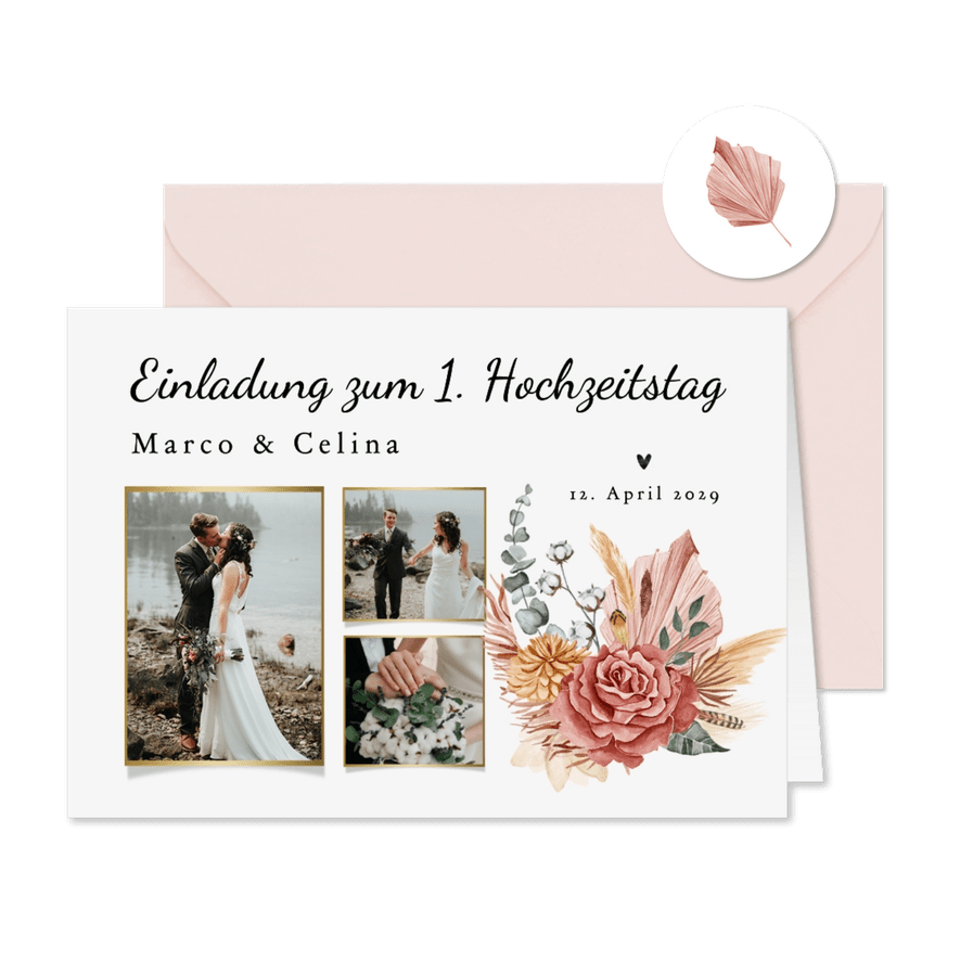 Einladungskarte Fotocollage 1. Hochzeitstag Blumengesteck - Kartenvorschau