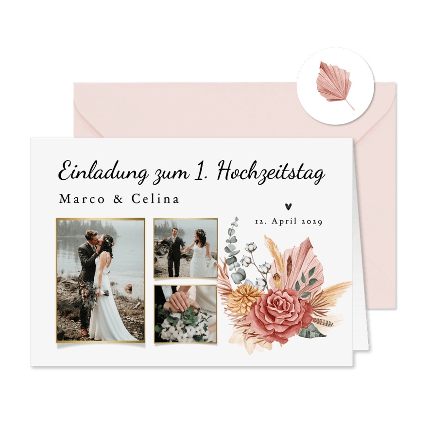 Einladungskarte Fotocollage 1. Hochzeitstag Blumengesteck - Karteneindruck
