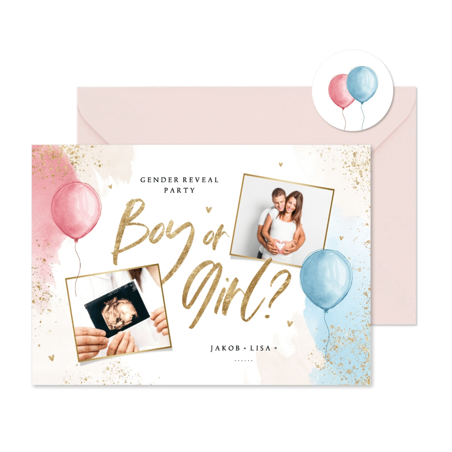 Einladungskarte Fotocollage Babyparty Gender Reveal - Kartenvorschau
