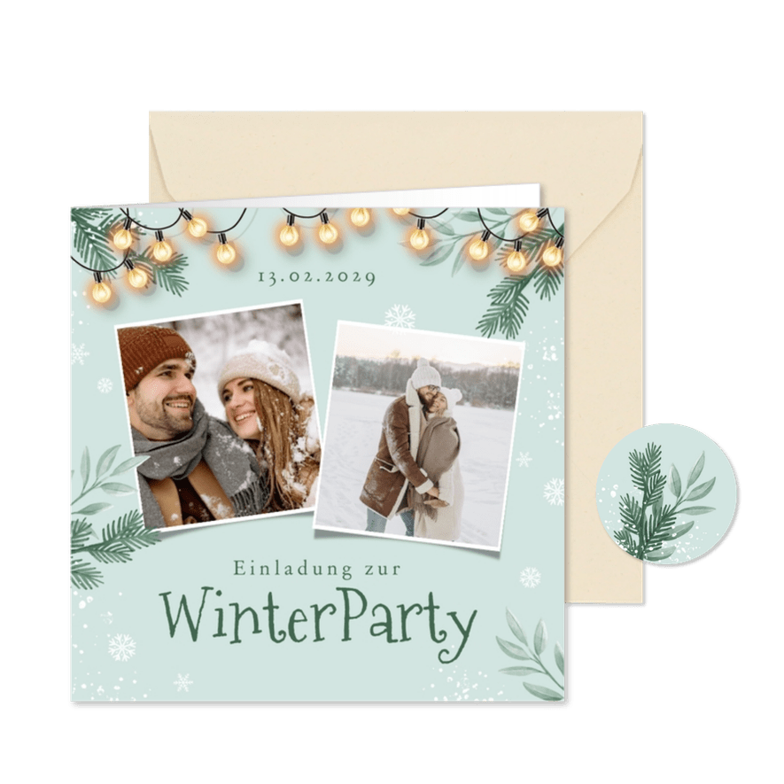 Einladungskarte Fotos Winterparty mit Lichterkette - Karteneindruck
