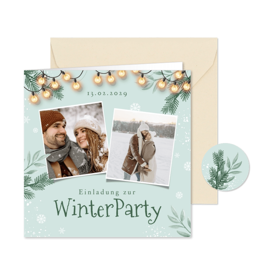 Einladungskarte Fotos Winterparty mit Lichterkette - Kartenvorschau
