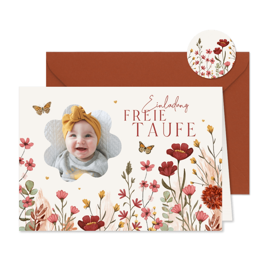 Einladungskarte freie Taufe Foto & Blumenwiese - Kartenvorschau