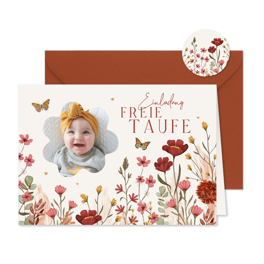 Einladungskarte freie Taufe Foto & Blumenwiese - Karteneindruck