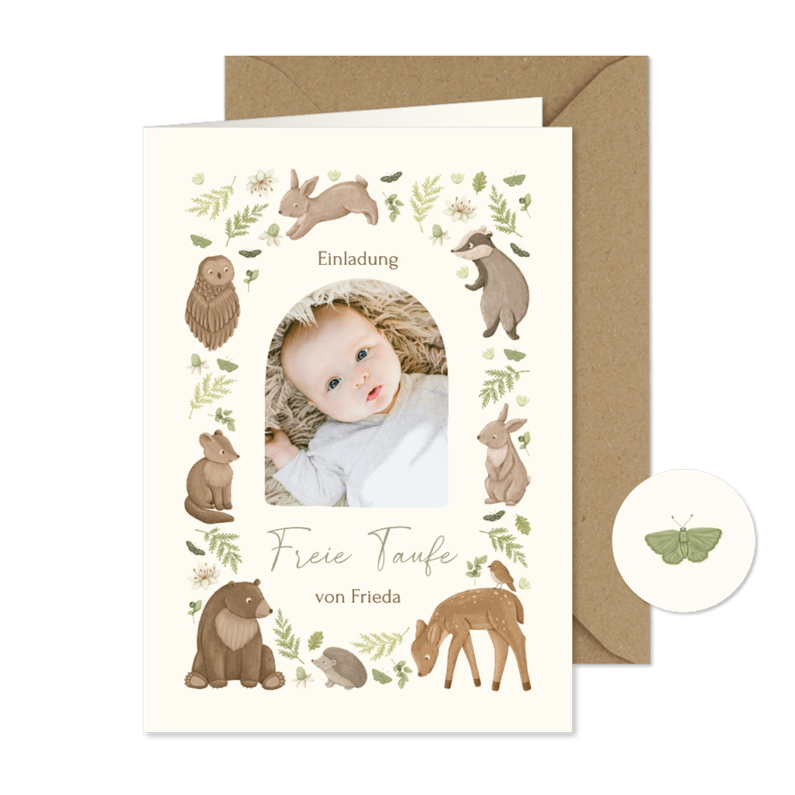 Einladungskarte freie Taufe Foto & Waldtiere - Karteneindruck