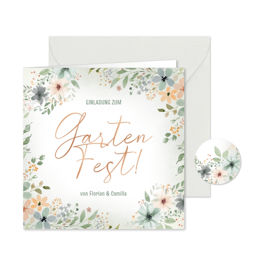 Einladungskarte Gartenfest Blumen & Kupferdruck - Kartenvorschau