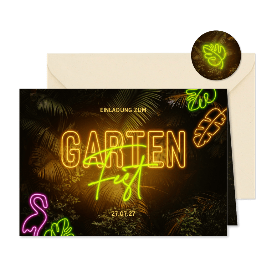 Einladungskarte Gartenfest Neonlicht - Karteneindruck
