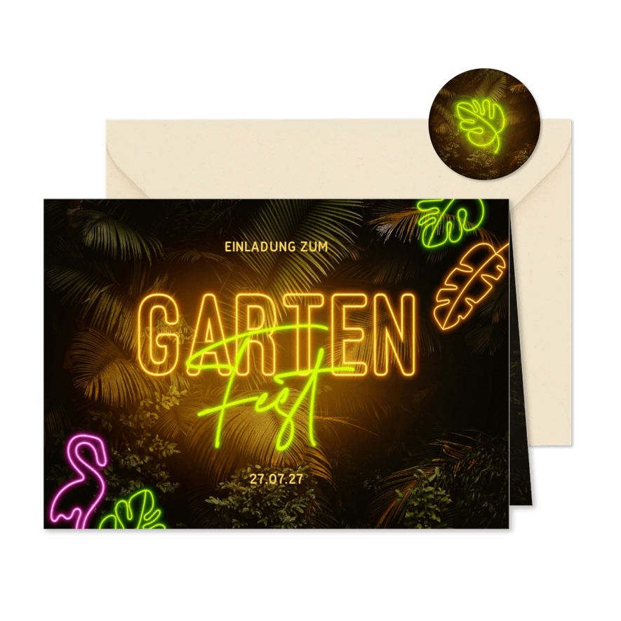 Einladungskarte Gartenfest Neonlicht - Karteneindruck