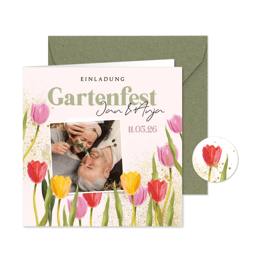 Einladungskarte Gartenfest Tulpen mit Foto Doppel-Geburtstag - Kartenvorschau
