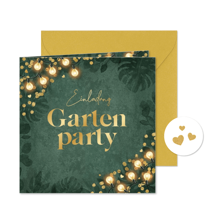 Einladungskarte Gartenparty Gold Grün Lichterkette - Kartenvorschau