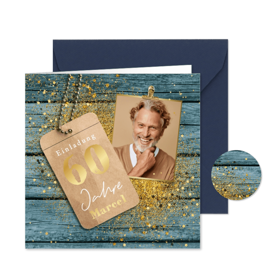 Einladungskarte Geburtstag Foto, Label & Holz - Karteneindruck