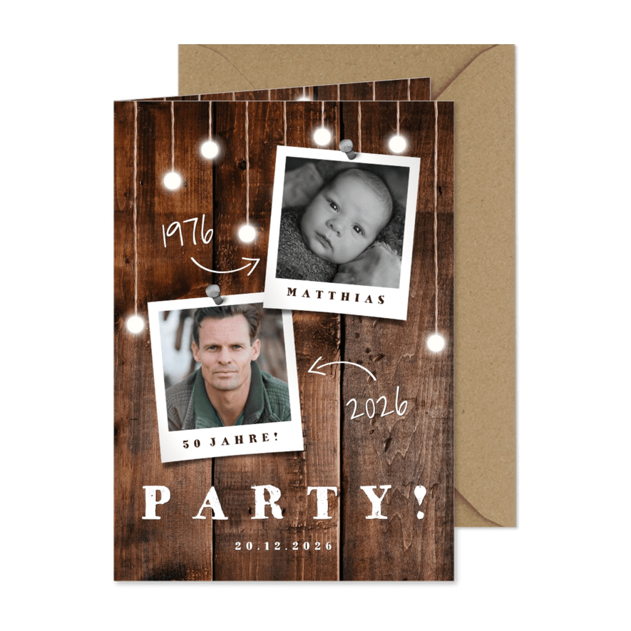 Einladungskarte Geburtstag mit Fotos, Holz und Lämpchen - Karteneindruck
