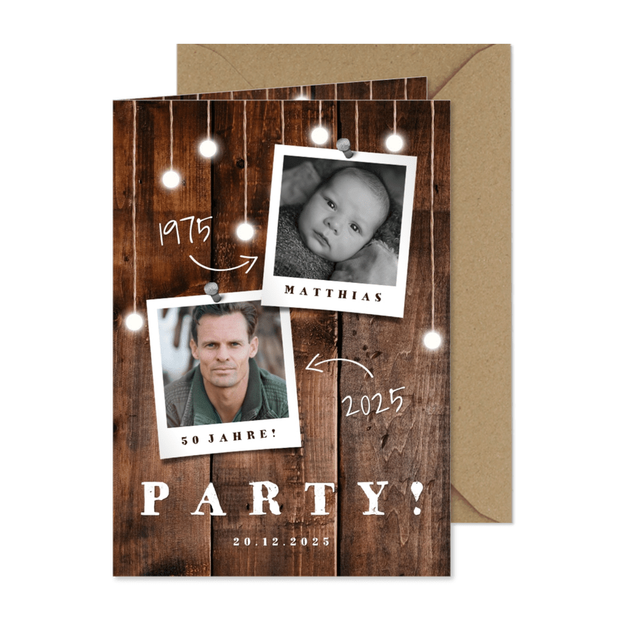 Einladungskarte Geburtstag mit Fotos, Holz und Lämpchen - Karteneindruck
