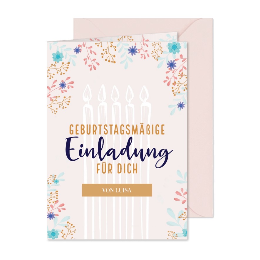 Einladungskarte Geburtstag mit illustrierten Blumen & Kerzen - Karteneindruck