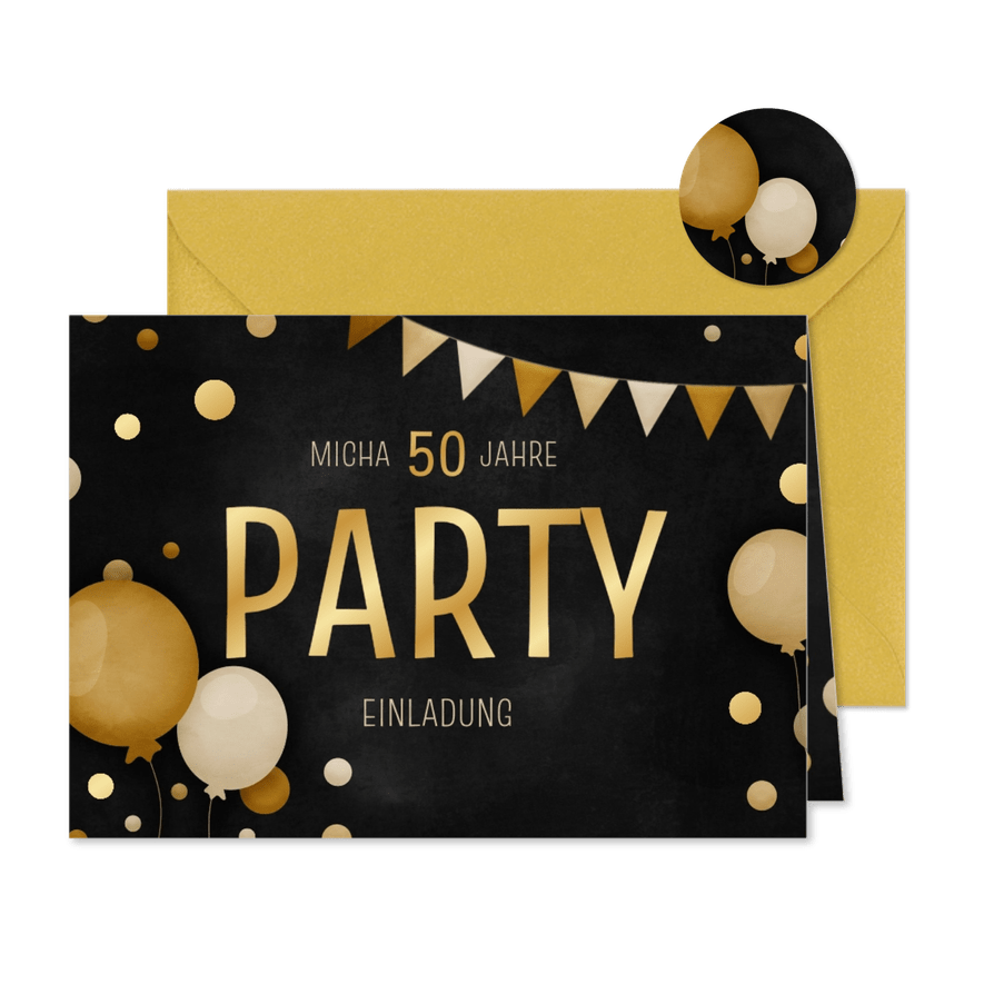 Einladungskarte Geburtstag Party in Gold - Karteneindruck
