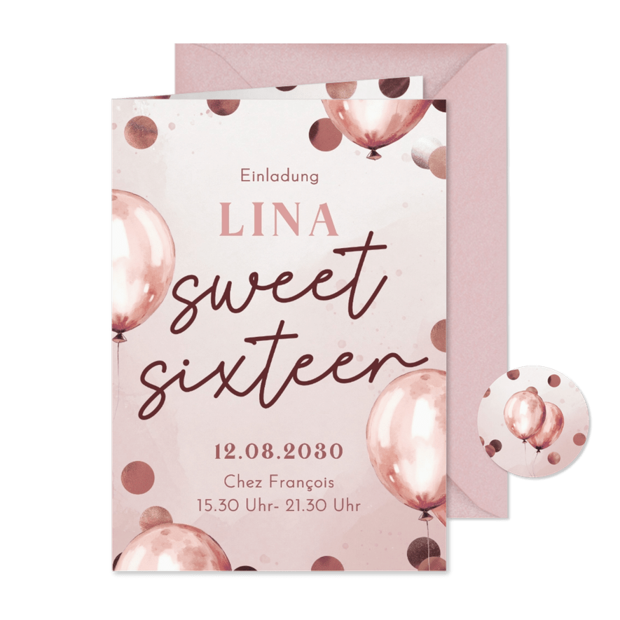 Einladungskarte Geburtstag 'Sweet Sixteen' rosa Luftballons - Karteneindruck