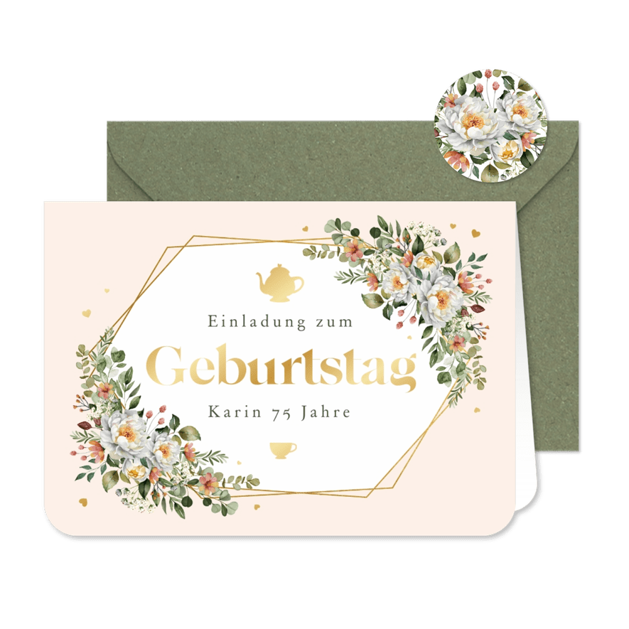 Einladungskarte Geburtstag Teekranz Blumen - Karteneindruck