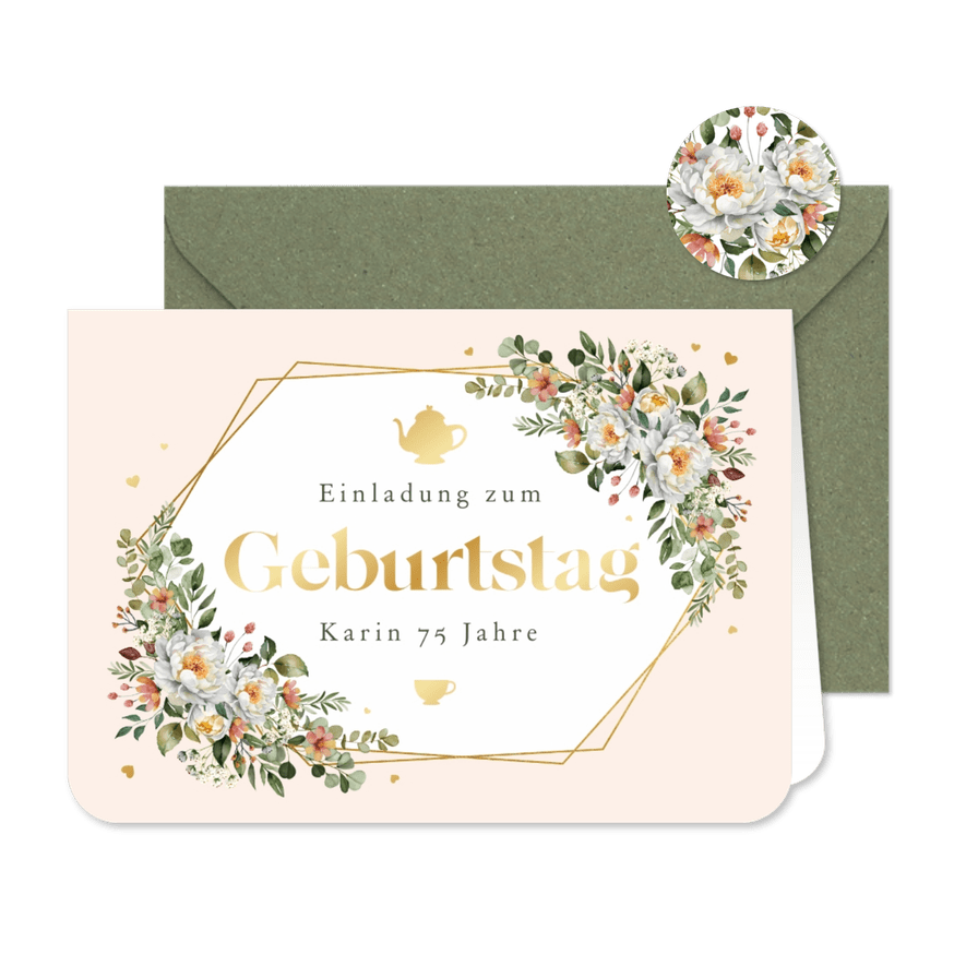 Einladungskarte Geburtstag Teekranz Blumen - Karteneindruck
