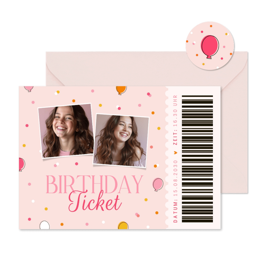 Einladungskarte Geburtstags-Ticket mit Fotos in Rosa - Karteneindruck
