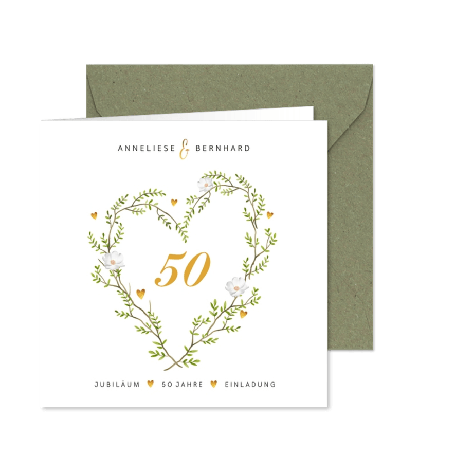 Einladungskarte Goldene Hochzeit Blumenkranz Herz - Karteneindruck
