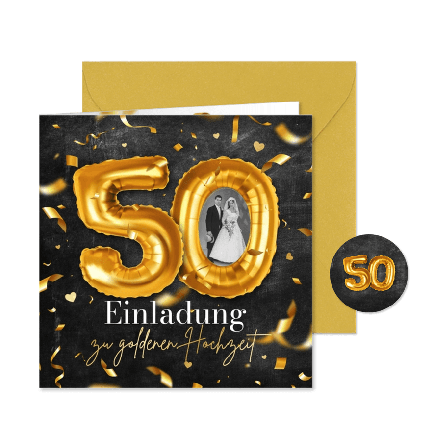 Einladungskarte Goldene Hochzeit Foto & Folienaballon - Kartenvorschau