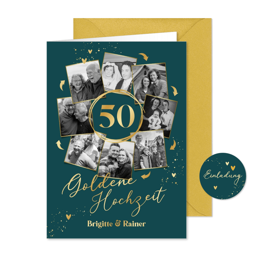 Einladungskarte Goldene Hochzeit Fotos in Kreisform - Karteneindruck