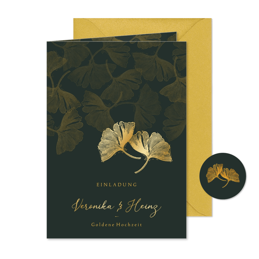 Einladungskarte Goldene Hochzeit Ginkgoblätter - Karteneindruck
