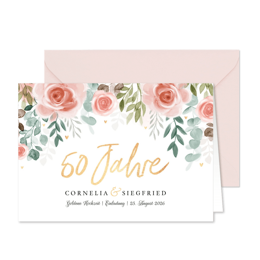 Einladungskarte goldene Hochzeit rosa Rosen - Kartenvorschau

