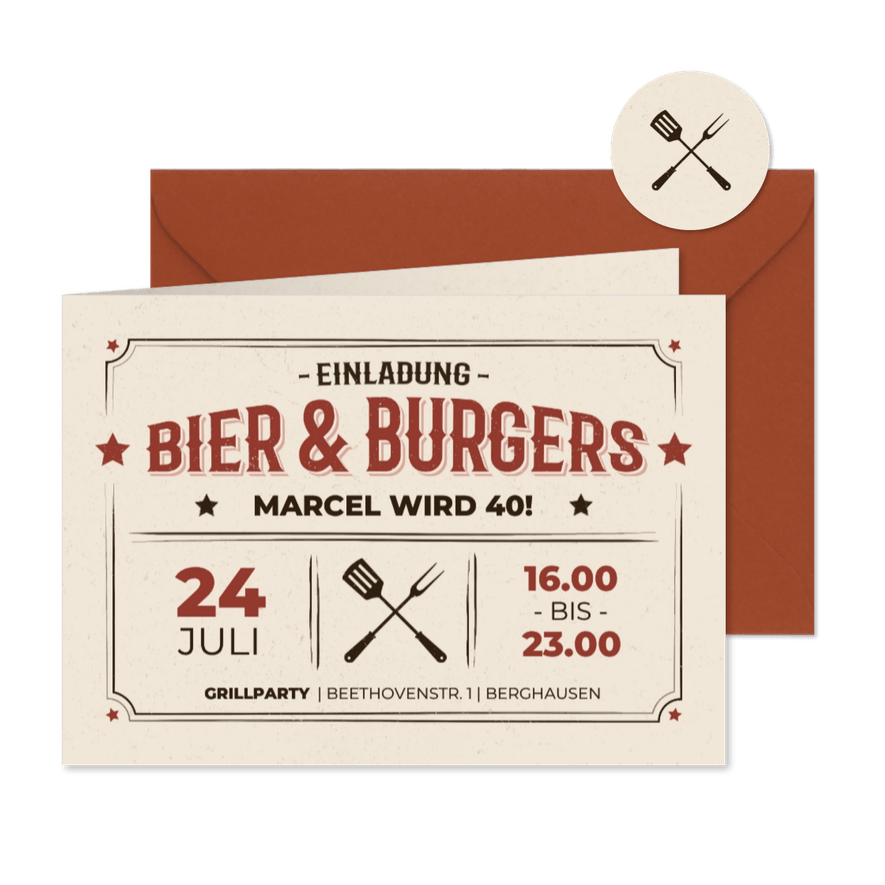 Einladungskarte Grillfest 'Bier & Burgers' Gartenparty - Kartenvorschau
