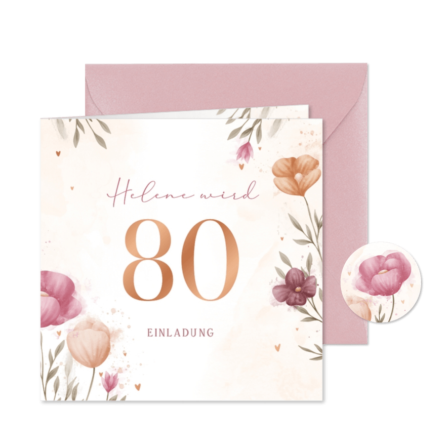 Einladungskarte Große Zahl Geburtstag Blumen - Karteneindruck