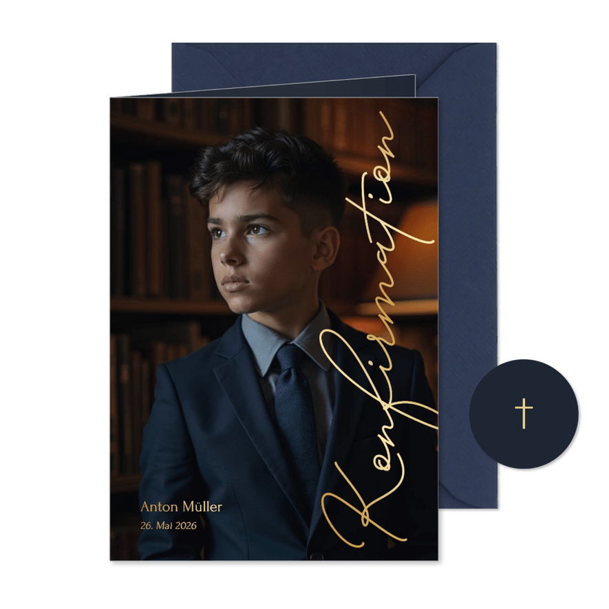 Einladungskarte großes Foto Konfirmation Goldschrift - Karteneindruck
