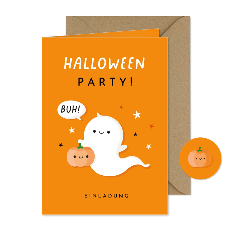 Einladungskarte Halloween Gespenst 'BUH' orange - Kartenvorschau