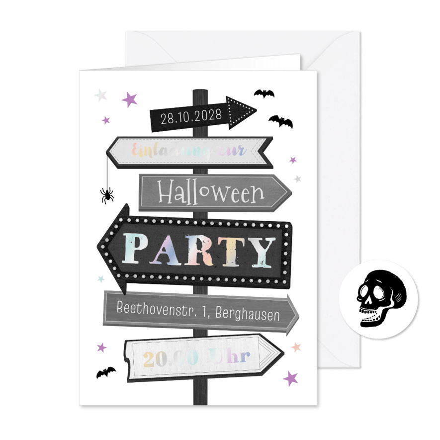 Einladungskarte Halloweenparty Wegweiser - Karteneindruck
