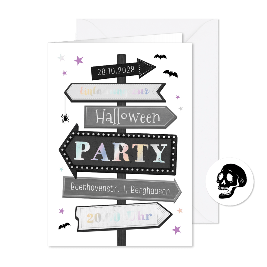 Einladungskarte Halloweenparty Wegweiser - Kartenvorschau
