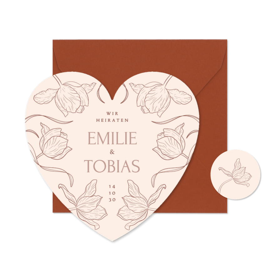 Einladungskarte Herzform Tulpen Linienzeichnung Hochzeit - Karteneindruck
