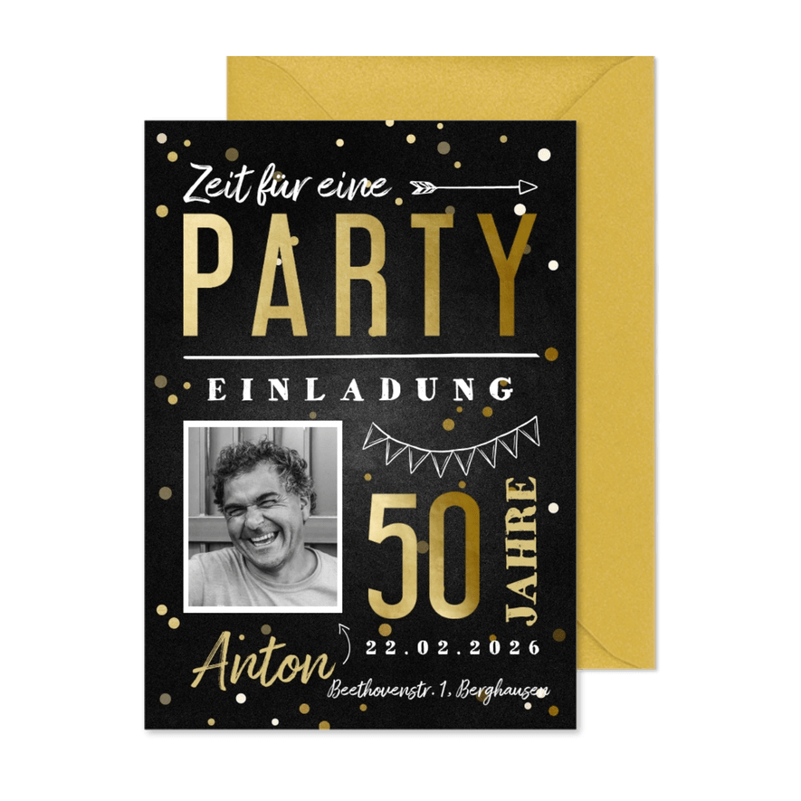Einladungskarte hip 50. Geburtstag mit Foto und Konfetti - Kartenvorschau