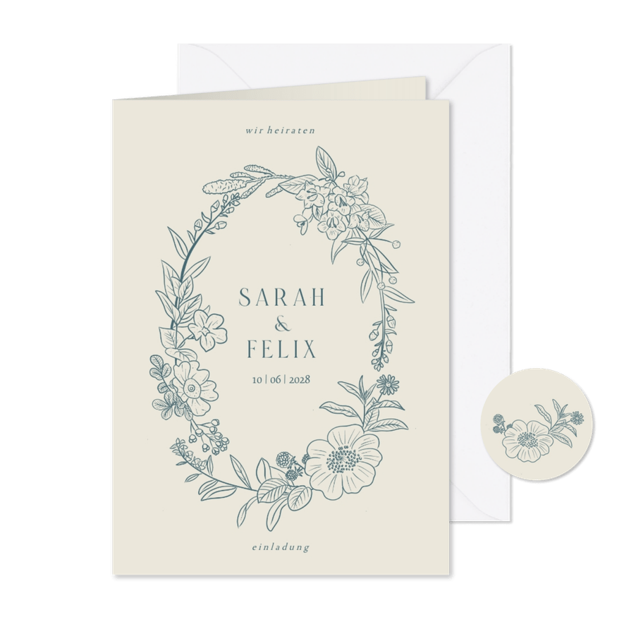 Einladungskarte Hochzeit blauer Blumenkranz klassisch - Karteneindruck