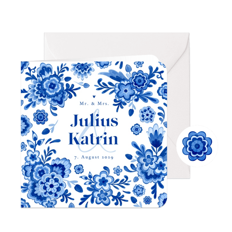 Einladungskarte Hochzeit Delfter Blau Blumendekor - Karteneindruck
