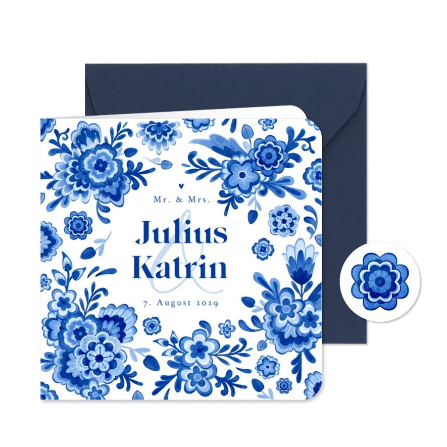 Einladungskarte Hochzeit Delfter Blau Blumendekor - Karteneindruck
