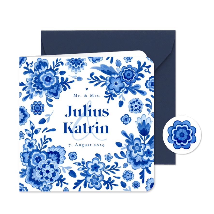 Einladungskarte Hochzeit Delfter Blau Blumendekor - Kartenvorschau
