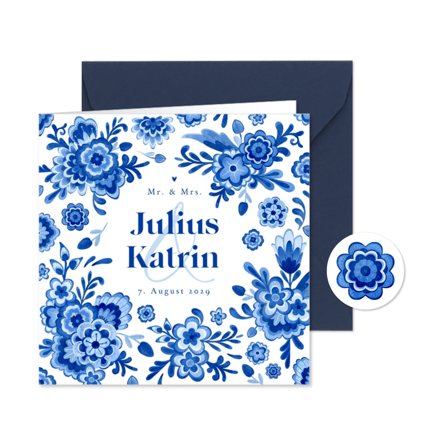 Einladungskarte Hochzeit Delfter Blau Blumendekor - Karteneindruck
