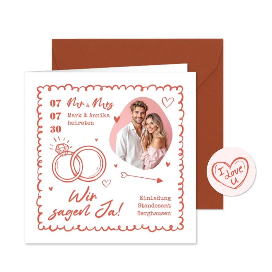 Einladungskarte Hochzeit Doodles und Foto Ringe - Karteneindruck
