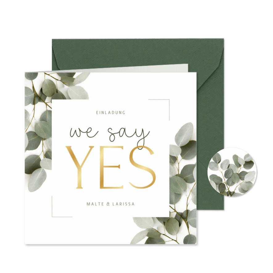 Einladungskarte Hochzeit Eukalyptus & Goldlook - Karteneindruck
