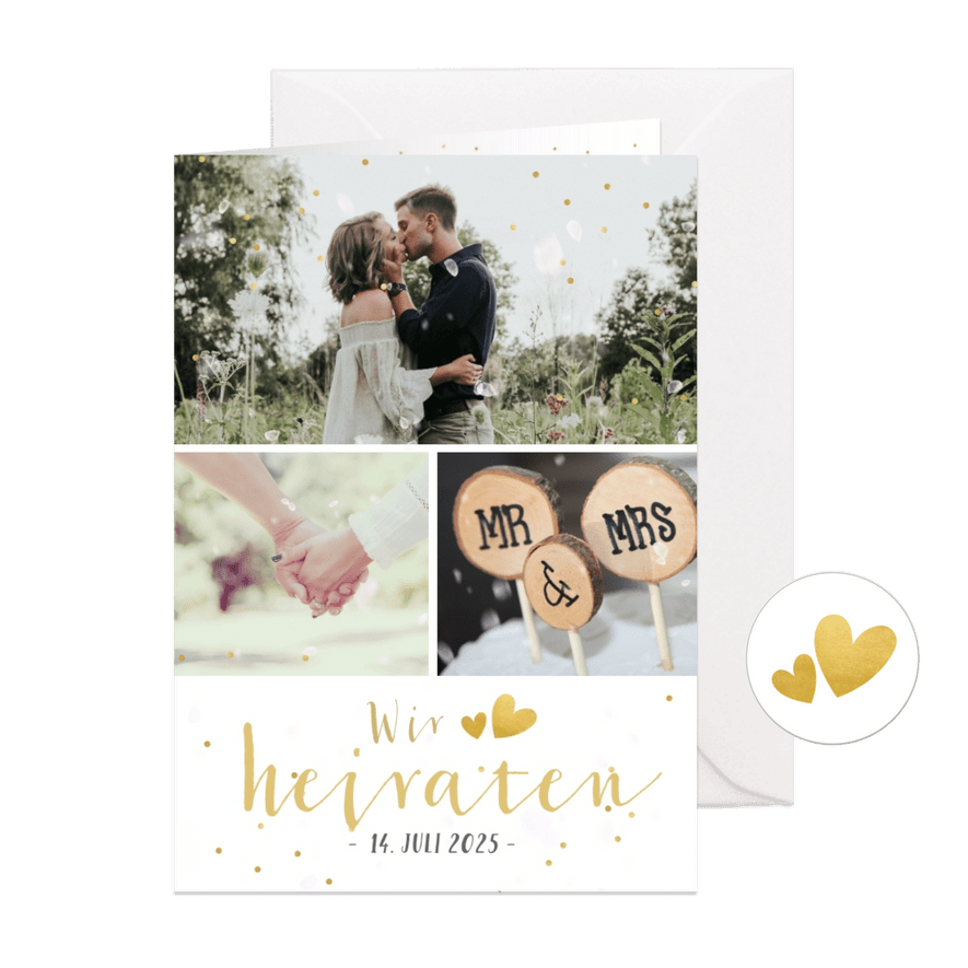 Einladungskarte Hochzeit Fotocollage, Konfetti und Timeline - Karteneindruck
