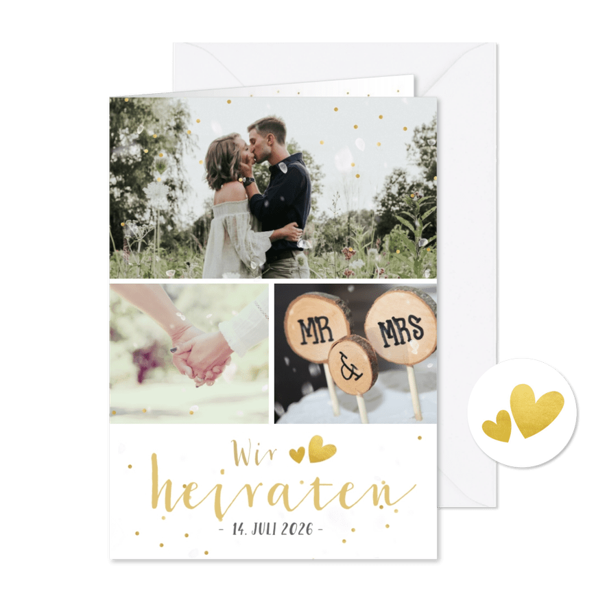 Einladungskarte Hochzeit Fotocollage, Konfetti und Timeline - Kartenvorschau