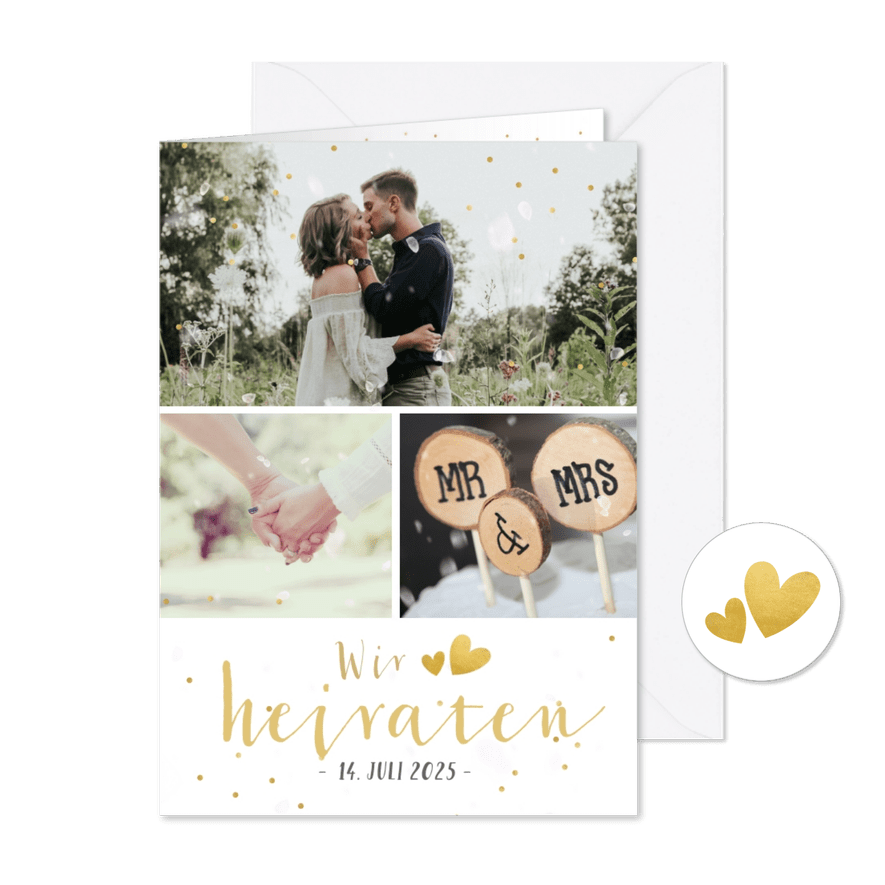 Einladungskarte Hochzeit Fotocollage, Konfetti und Timeline - Karteneindruck